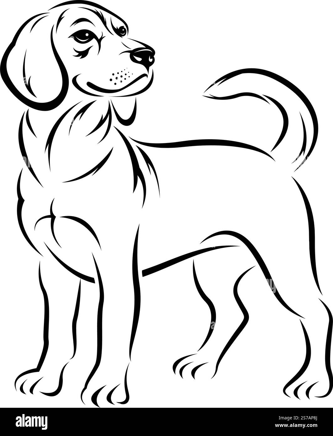 Disegno vettoriale del cane beagle in piedi di profilo, stile artistico minimalista in bianco e nero. Animale domestico. Animale. Illustrazione Vettoriale