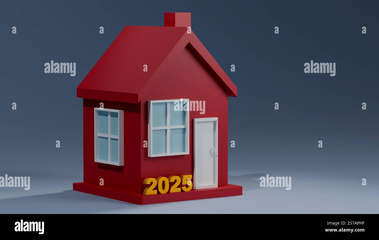 Casa rossa e testo 2025 oro su sfondo scuro, modello 3D di casa, Capodanno 2025 Foto Stock