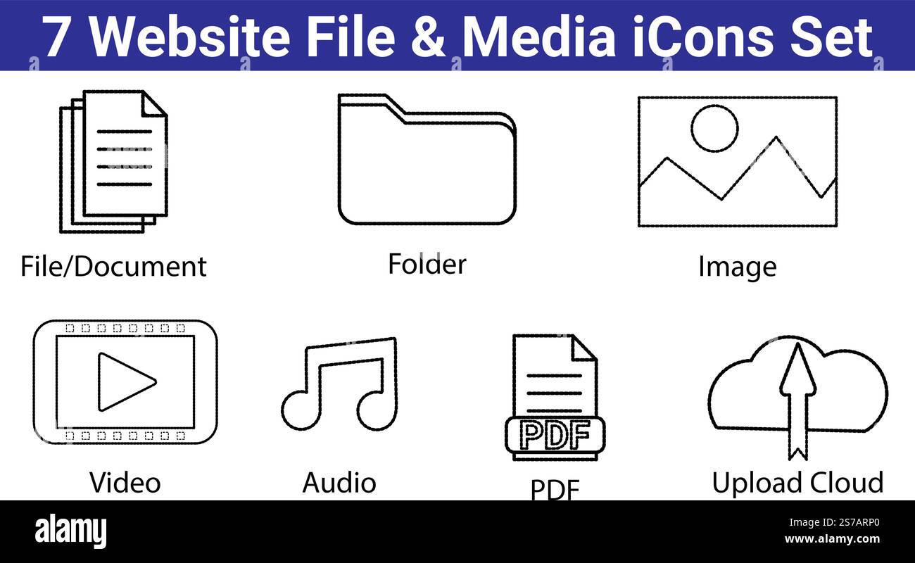 7 file del sito web e icone multimediali impostate Illustrazione Vettoriale