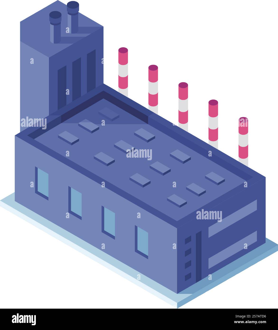 Illustrazione vettoriale isometrica che rappresenta un moderno edificio di fabbrica con camini fumanti che inquinano l'ambiente, simboleggiando la produzione industriale Illustrazione Vettoriale