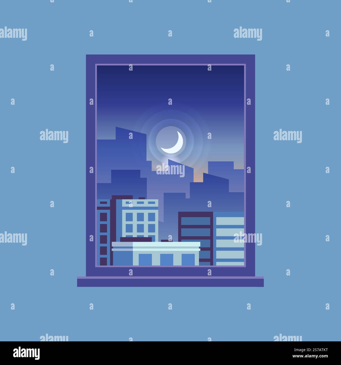 Paesaggio urbano al crepuscolo, caratterizzato da una serena vista da una finestra, con una luna crescente che getta un delicato bagliore sugli edifici moderni, creando una tranquilla città Illustrazione Vettoriale