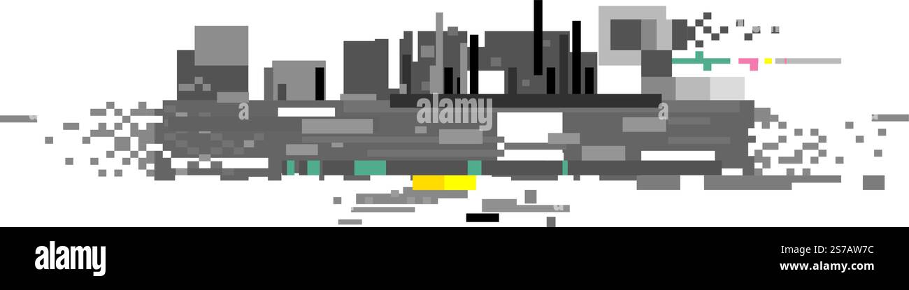 Il paesaggio urbano pixelato si dissolve in artefatti digitali con difetti colorati, che rappresentano il decadimento urbano, la rivoluzione tecnologica o la corruzione dei dati Illustrazione Vettoriale