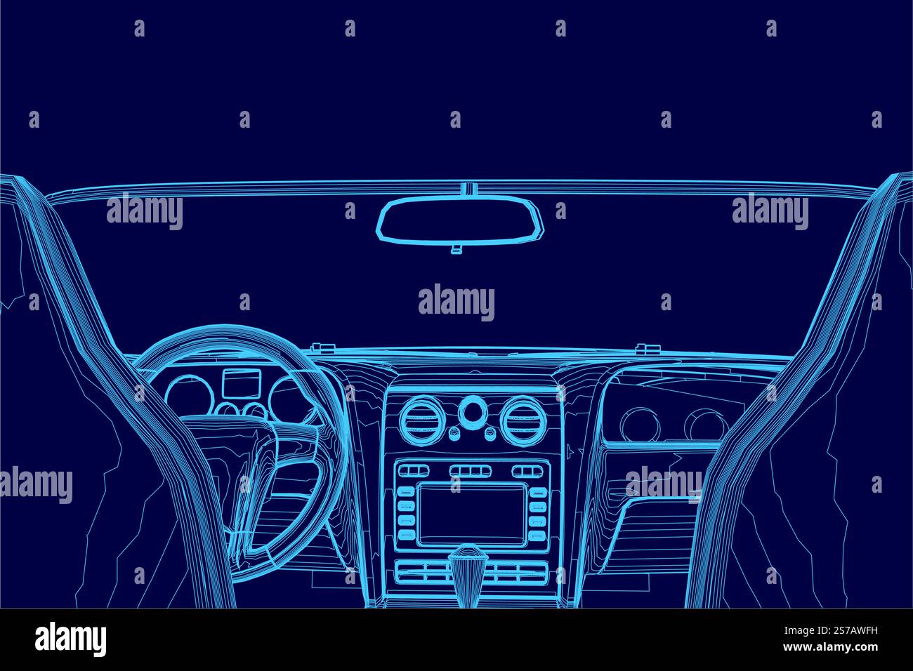 Disegno a fumetto blu degli interni di un'auto con sedile di guida e volante. L'auto è un veicolo di lusso con un ampio cruscotto e una radio. SC Illustrazione Vettoriale