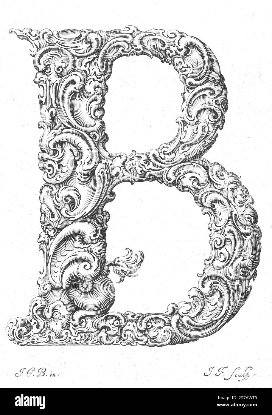 Stampa litografica. Lettera B - Jeremias Falck incisore, dopo Johann Christian Bierpfaf, c.1645-50. Libellus Novus Elementorum Latinorum Foto Stock