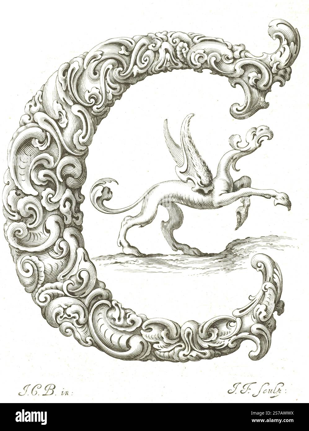 Stampa litografica. Lettera C - Jeremias Falck incisore, dopo Johann Christian Bierpfaf, c.1645-50. Libellus Novus Elementorum Latinorum Foto Stock