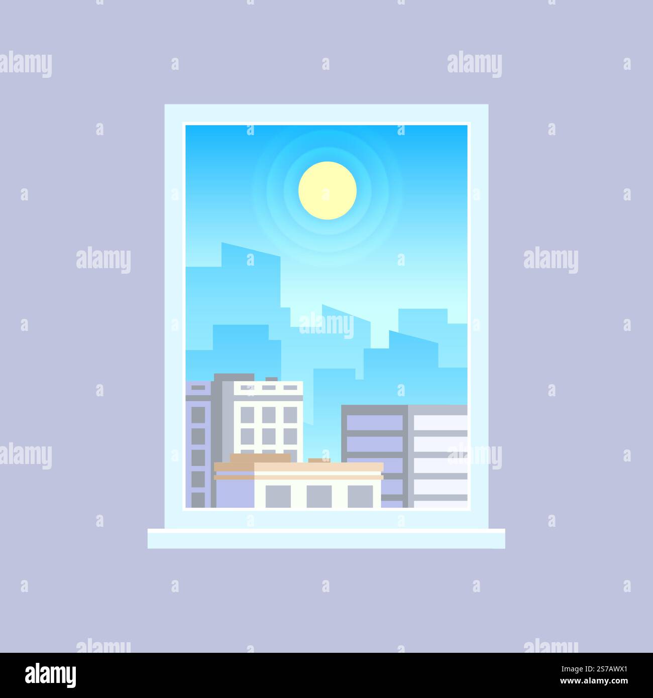 Finestra affacciata sullo skyline della città con il sole che splende luminoso nel cielo blu, che mostra il paesaggio urbano con edifici moderni e un'atmosfera tranquilla Illustrazione Vettoriale