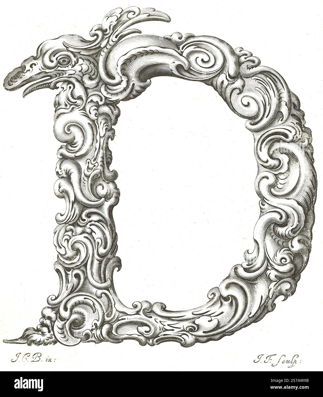 Stampa litografica. Lettera D - Jeremias Falck incisore, dopo Johann Christian Bierpfaf, c.1645-50. Libellus Novus Elementorum Latinorum Foto Stock