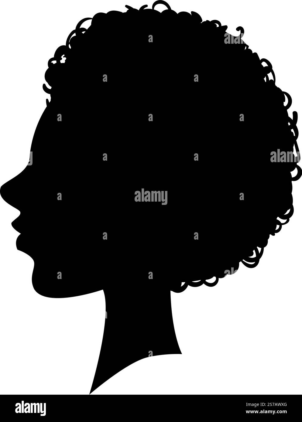 Profilo sagomato nero di una donna afroamericana con capelli ricci, che simboleggia la diversità, celebra l'identità e incarna la bellezza in un design minimale Illustrazione Vettoriale