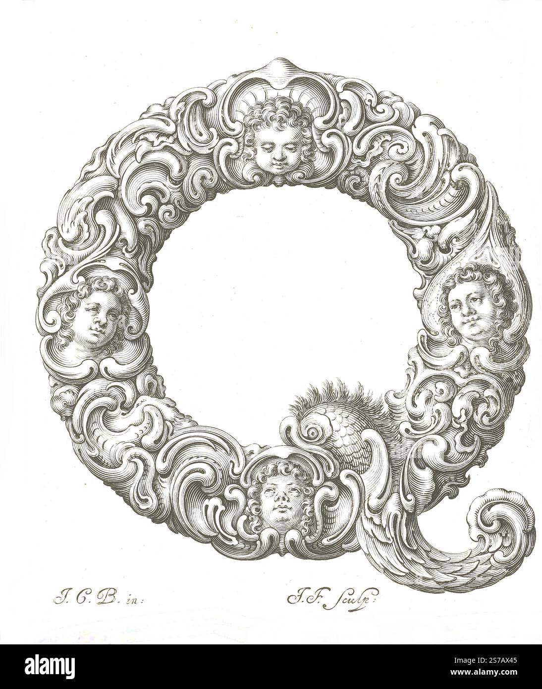 Stampa litografica. Lettera Q - Jeremias Falck incisore, dopo Johann Christian Bierpfaf, c.1645-50. Libellus Novus Elementorum Latinorum Foto Stock