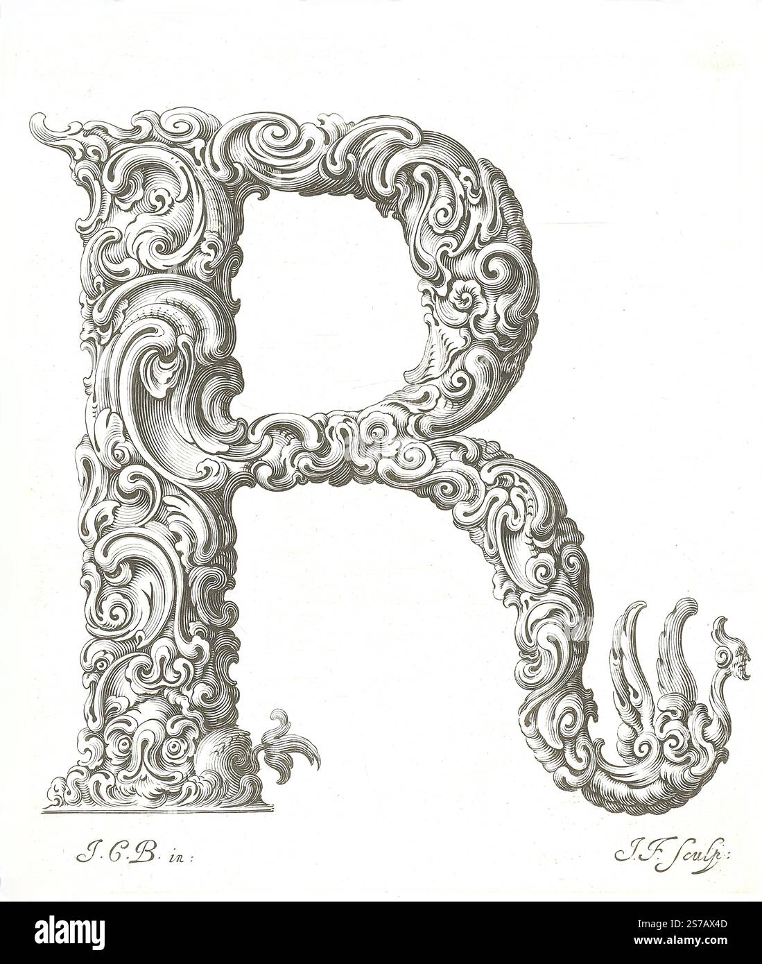 Stampa litografica. Lettera R - Jeremias Falck incisore, dopo Johann Christian Bierpfaf, c.1645-50. Libellus Novus Elementorum Latinorum Foto Stock