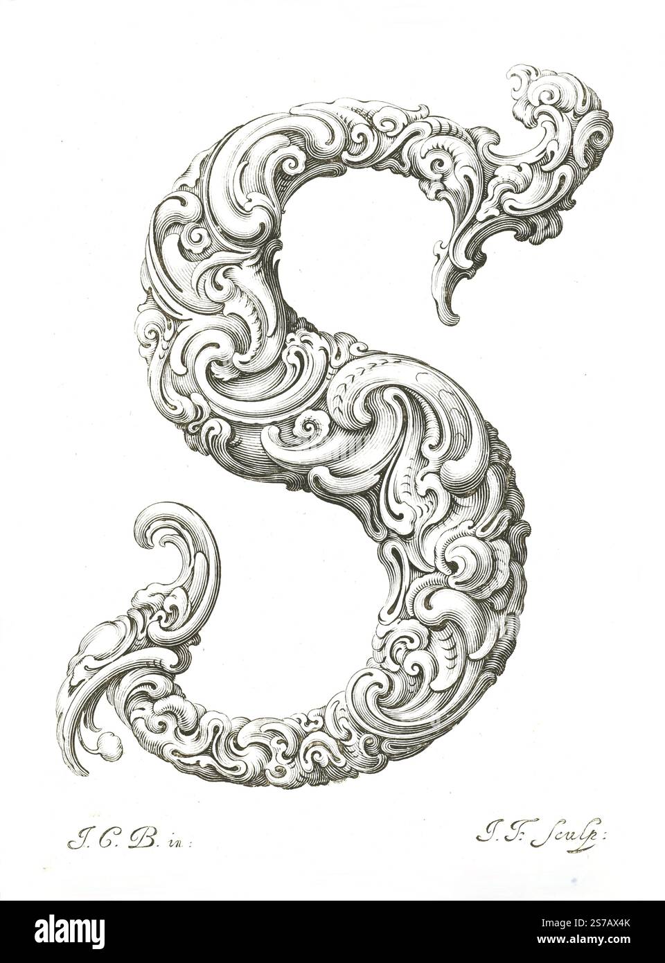 Stampa litografica. Lettera S - Jeremias Falck incisore, in onore di Johann Christian Bierpfaf, c.1645-50. Libellus Novus Elementorum Latinorum Foto Stock