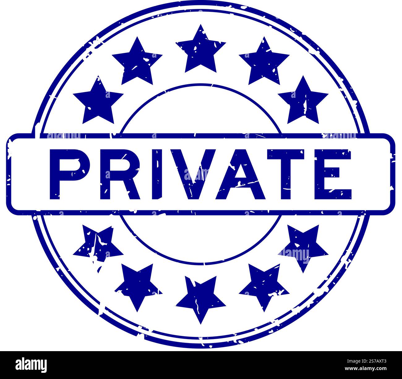 Parola privata blu grunge con icona a stella timbro circolare in gomma su sfondo bianco Illustrazione Vettoriale