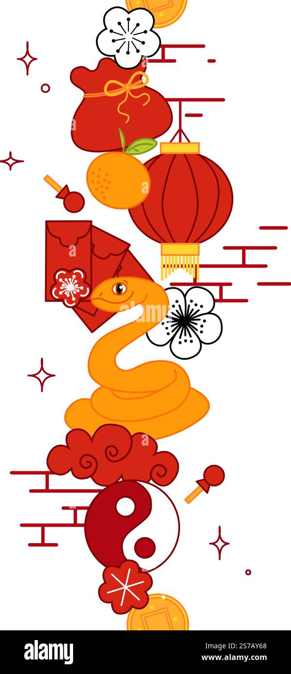 Serpente isolato con illustrazione vettoriale Capodanno cinese sfondo animale senza cuciture con serpenti stilizzati. Silhouette colorata con linea grafica vettoriale. Illustrazione Vettoriale