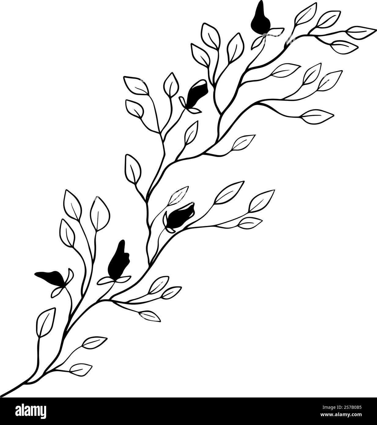 Questa silhouette nera mostra gli uccelli sui rami frondosi, perfetta per progetti e design a tema naturale. Grafica disegnata a mano per la progettazione di siti web, articoli, opuscoli, etichette o pubblicità. Illustrazione Vettoriale