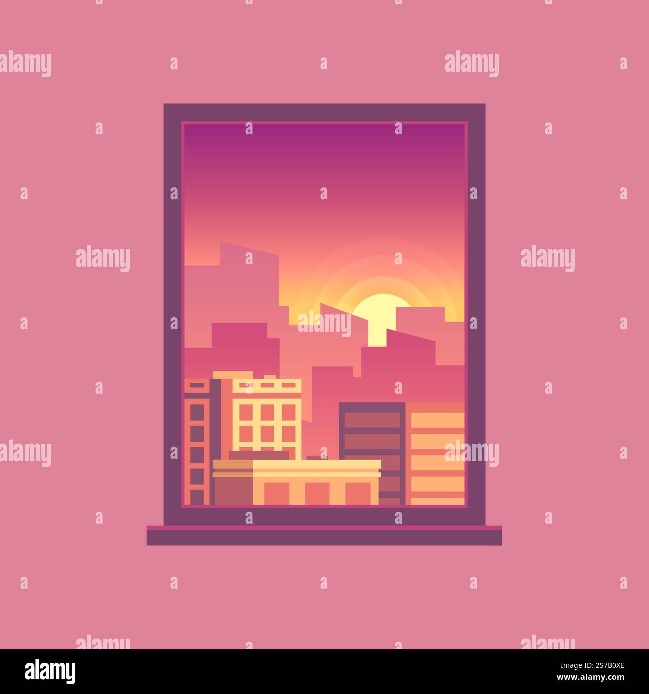 Immagine pixel art che raffigura una vivace vista del paesaggio urbano da una finestra durante il tramonto, con edifici sagomati contro un cielo viola e un rosa Illustrazione Vettoriale
