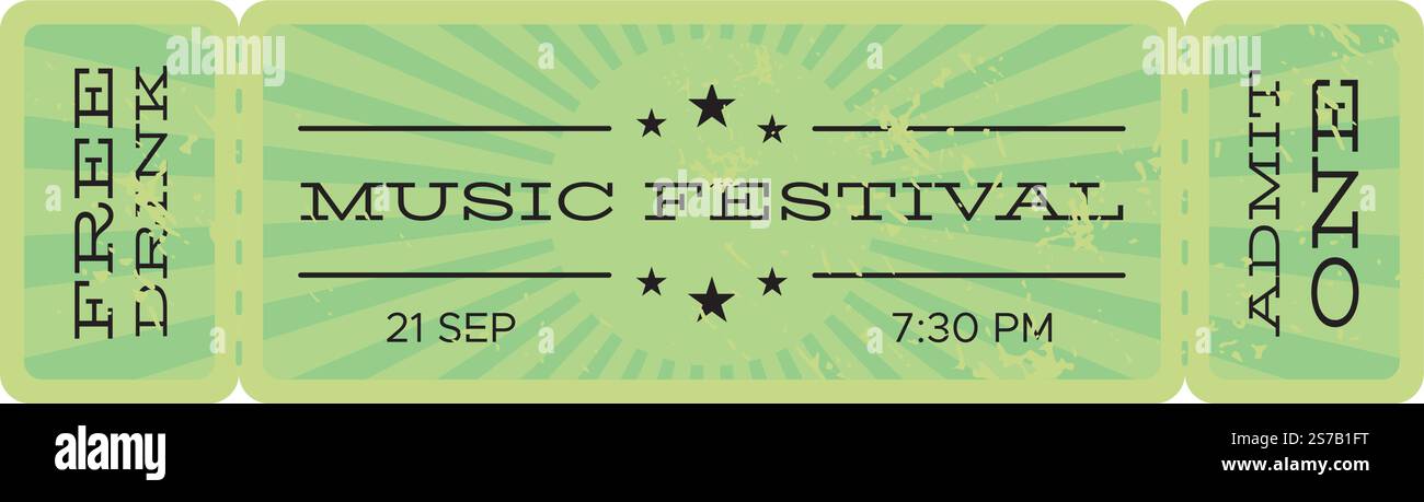 Biglietto Green vintage con un festival musicale il 21 settembre alle ore 7,30, adornato da stelle e un accattivante motivo radiale, che invita i partecipanti Illustrazione Vettoriale