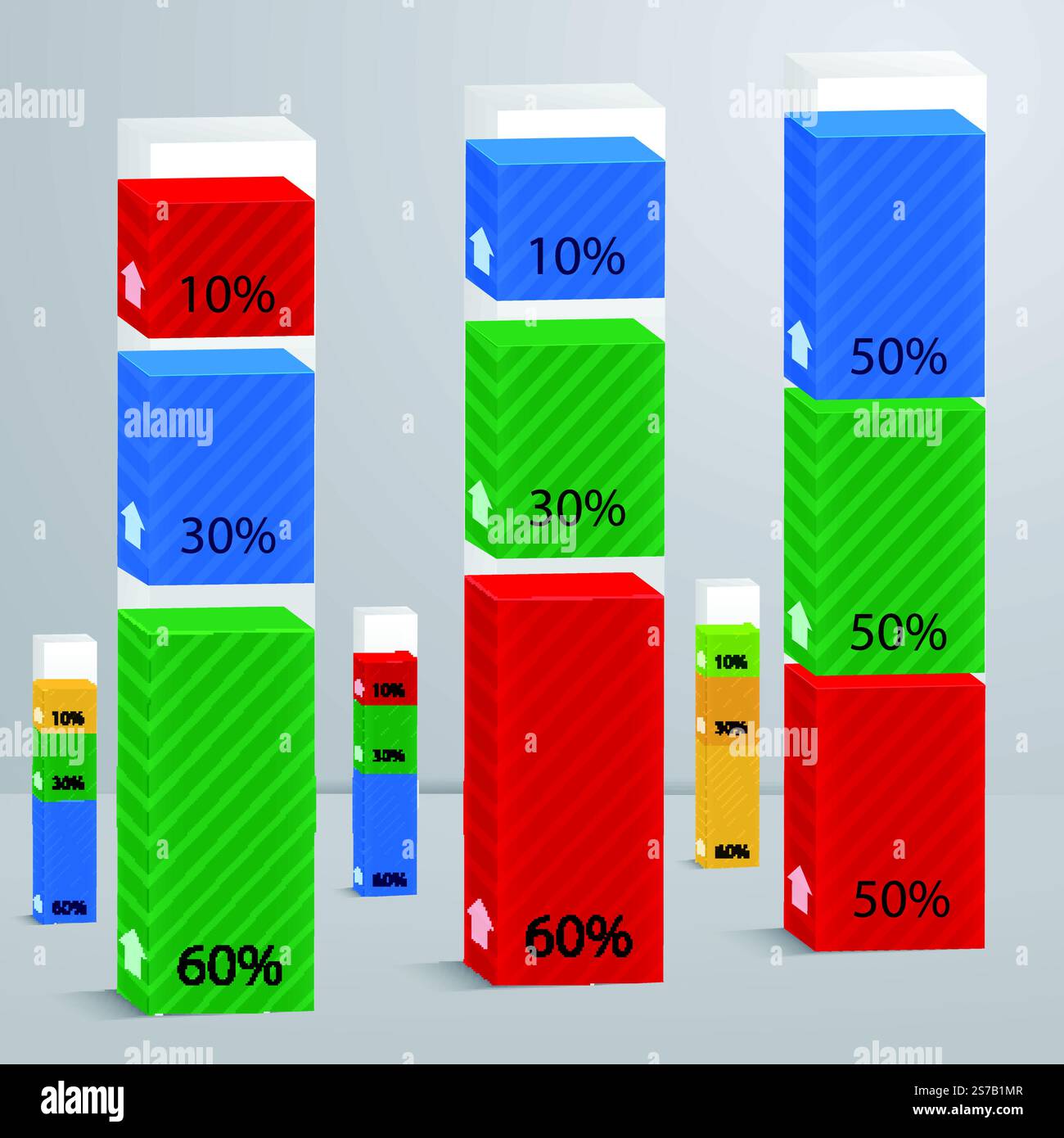 Impostare 3D di colonne con percentuale. Adatto per infografiche, presentazioni, web design e pubblicità Illustrazione Vettoriale