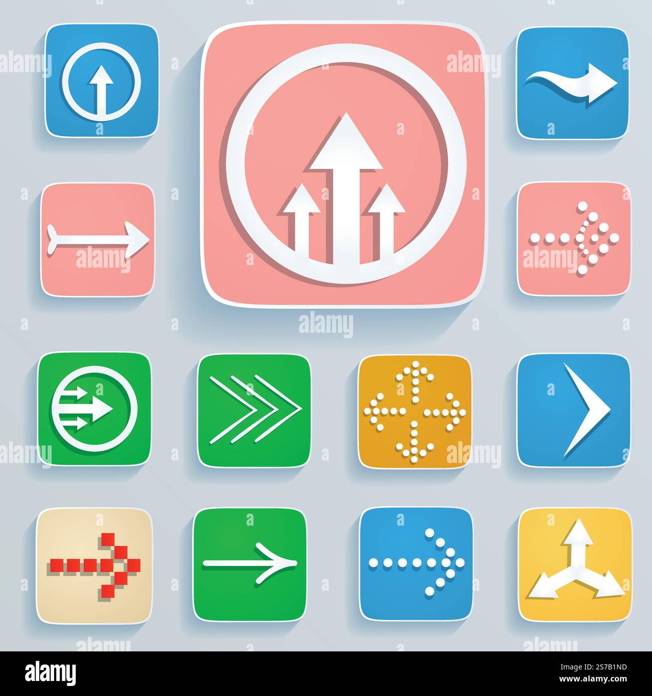 Serie di frecce bianche sui pulsanti quadrati Illustrazione Vettoriale