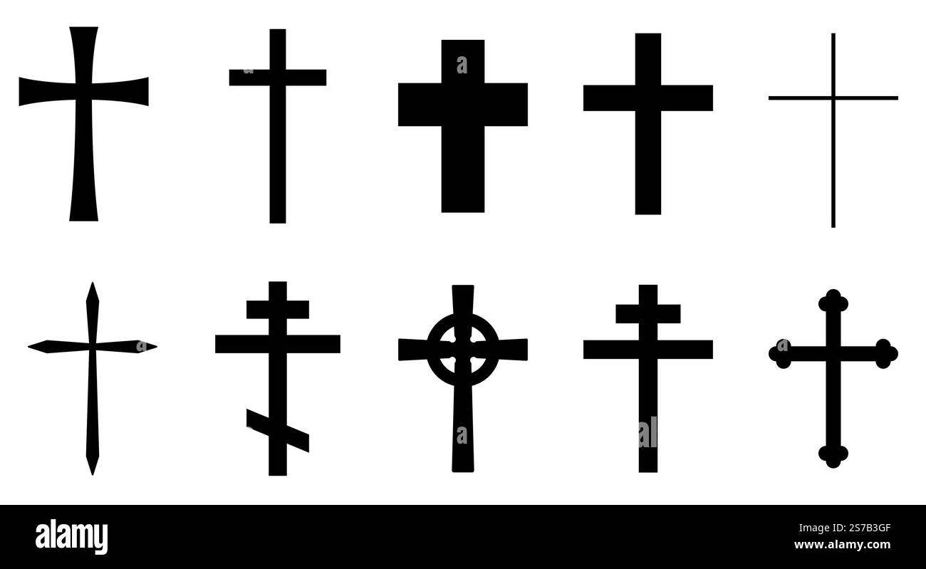 Croce cristiana, silhouette vettoriale in bianco e nero, illustrazione di forma a croce religiosa, isolata su bianco, set di icone Illustrazione Vettoriale