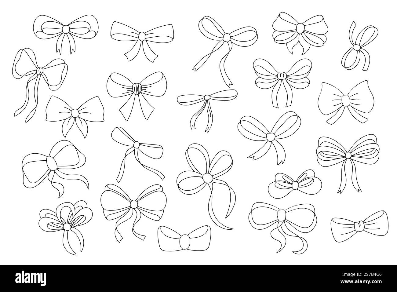 Una semplice collezione di fiocchi a nastro disegnati a mano. Arco decorativo, silhouette lineari nere, set grande Illustrazione Vettoriale