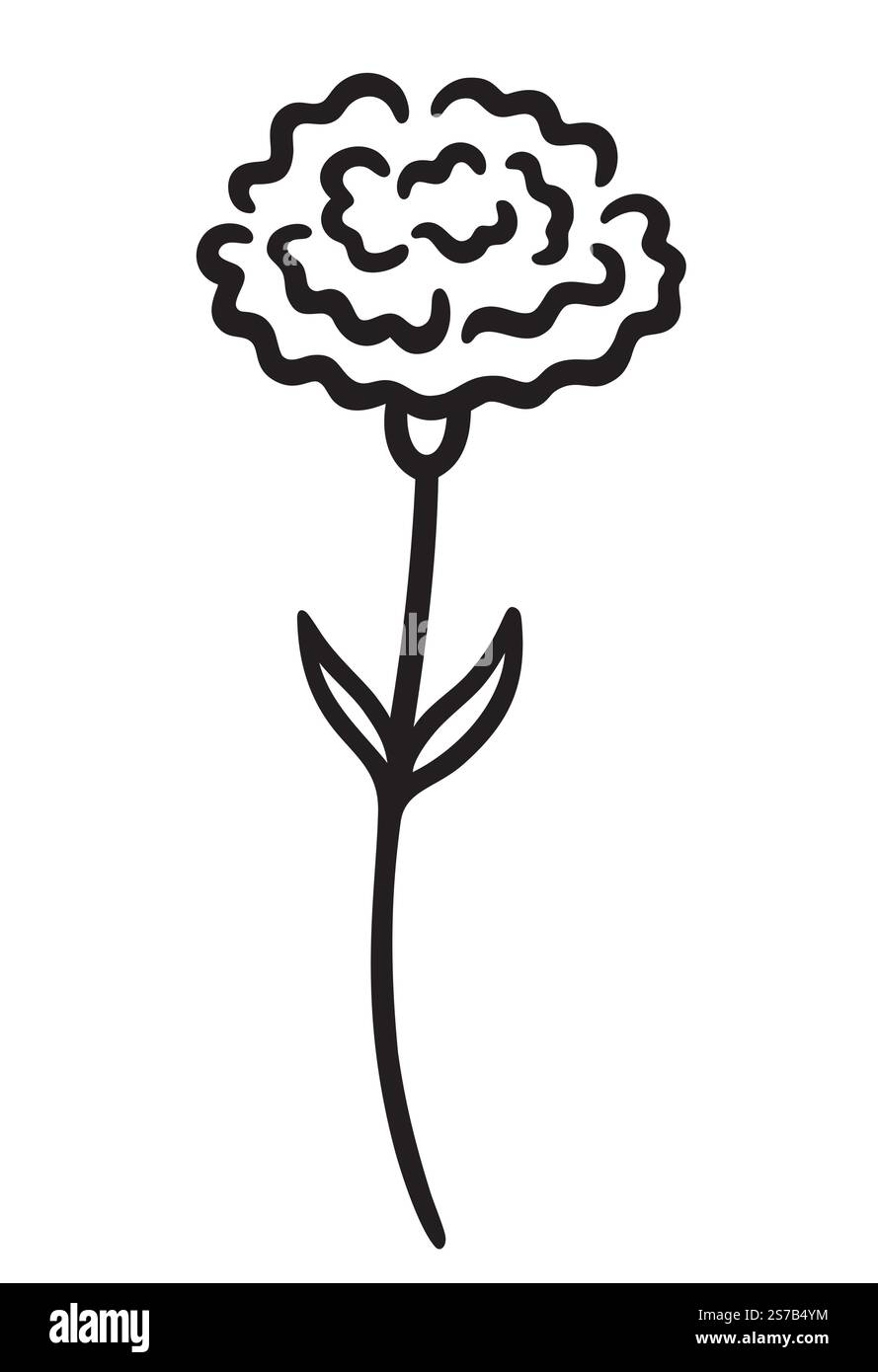 Semplice logo disegnato a mano con fiore di garofano. Disegno in bianco e nero, illustrazione vettoriale. Illustrazione Vettoriale