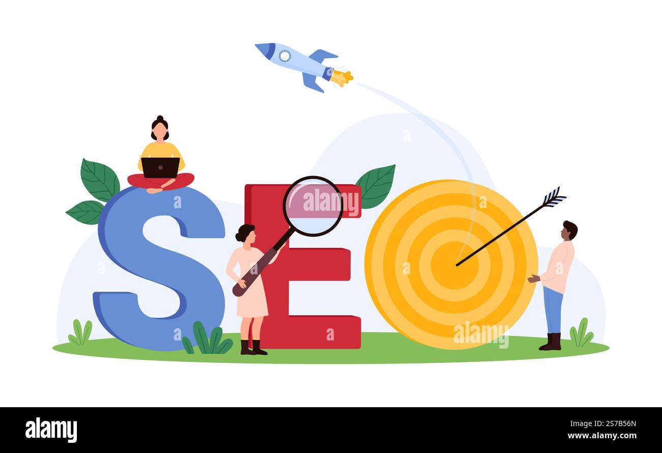 Strumenti SEO, ottimizzazione dei motori di ricerca, target e razzo della strategia di marketing online. Piccole persone studiano la lettera di parola SEO per ottimizzare il servizio e migliorare l'illustrazione vettoriale dei cartoni animati sul traffico del sito Web Illustrazione Vettoriale