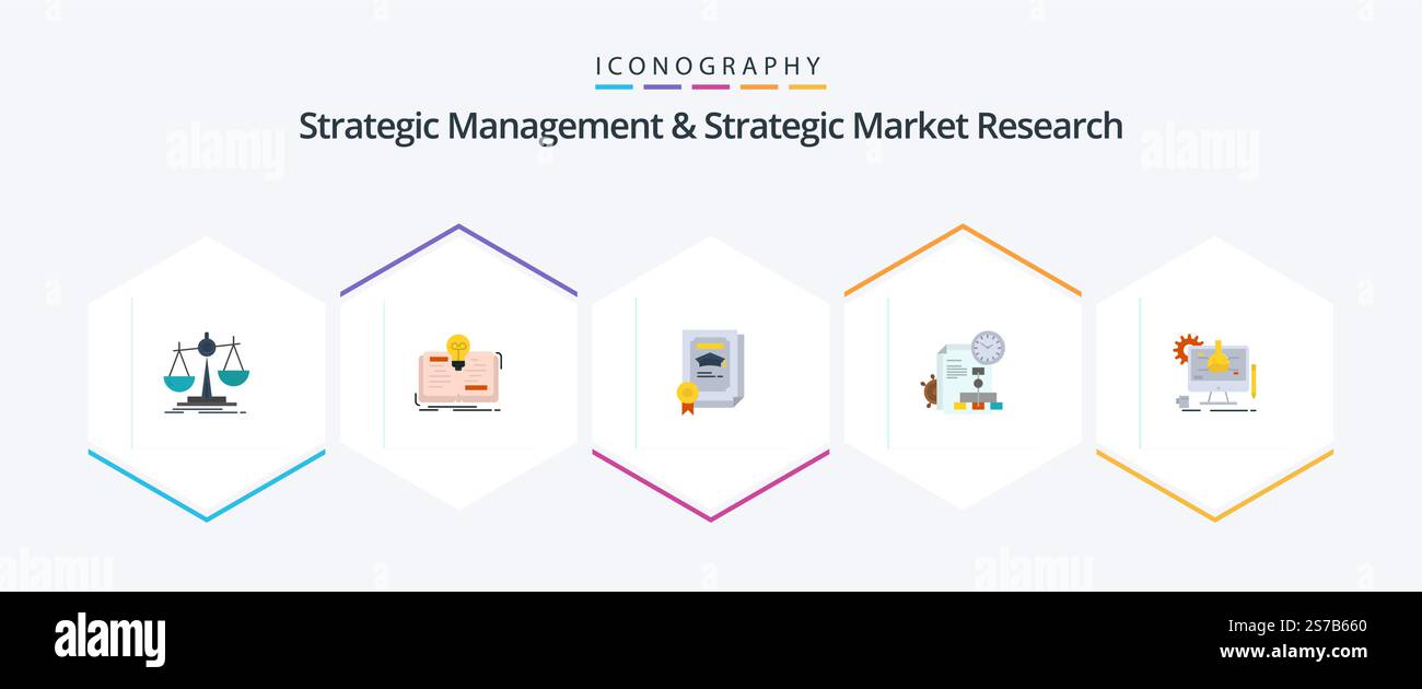 Strategic Management and Strategic Market Research 25 pacchetto icona piatta, con prodotti chimici. rapporto. storia. file. laureato Illustrazione Vettoriale
