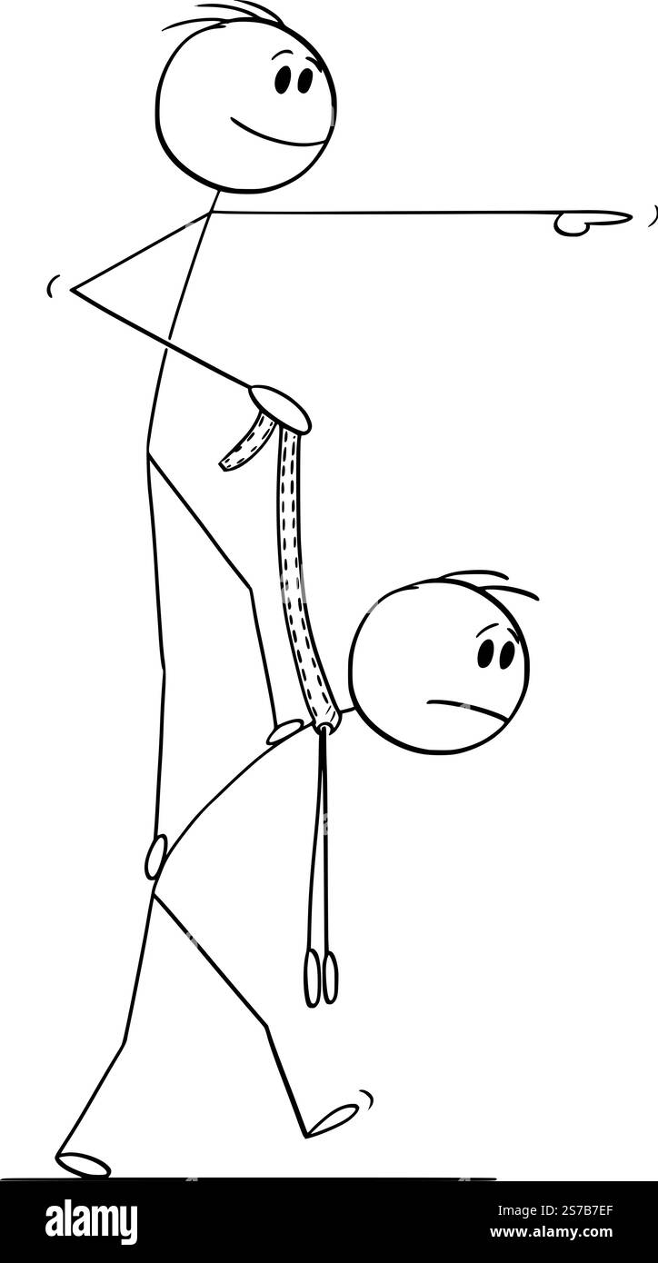 Persona, capo, manager o uomo d'affari in piedi sui lavoratori dietro e in sella come cavallo, personaggio vettoriale o illustrazione del personaggio. Illustrazione Vettoriale