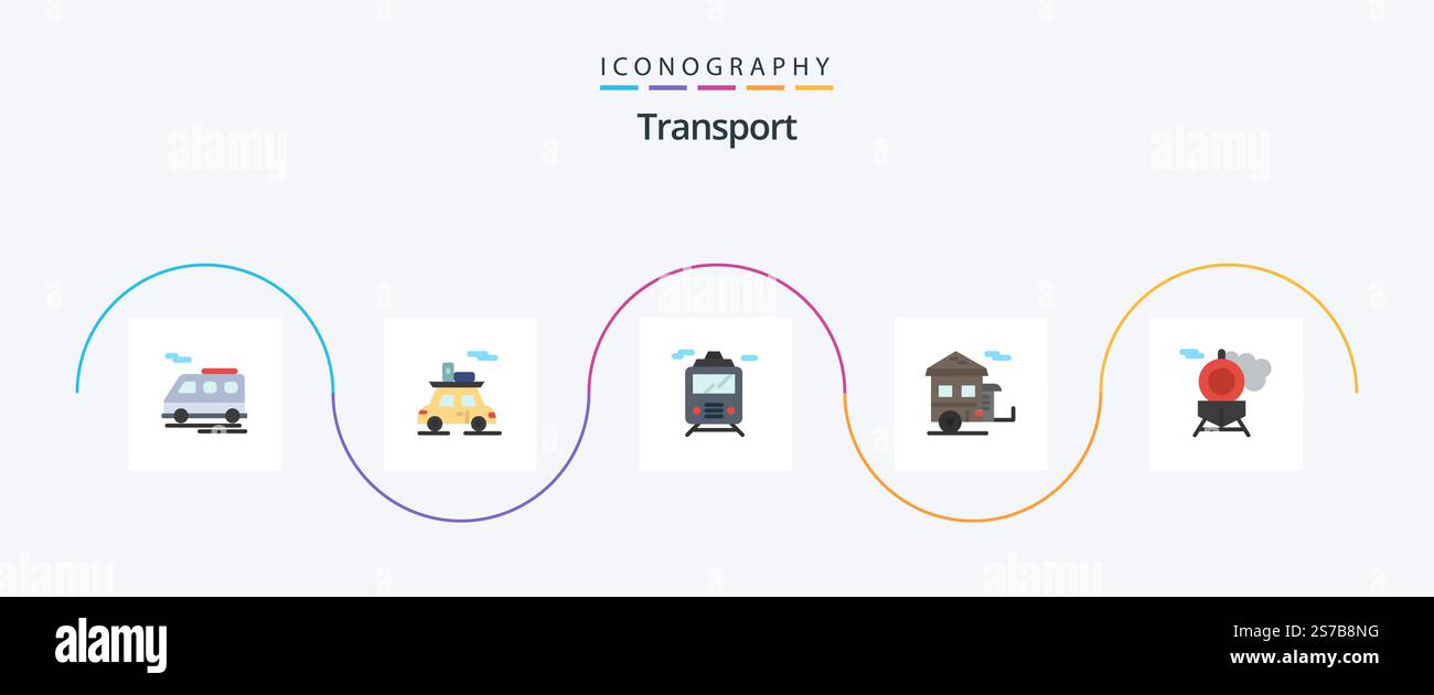 Pacchetto icone Transport Flat 5 con trasporto incluso. retro. trasporto. trasporto. turismo Illustrazione Vettoriale