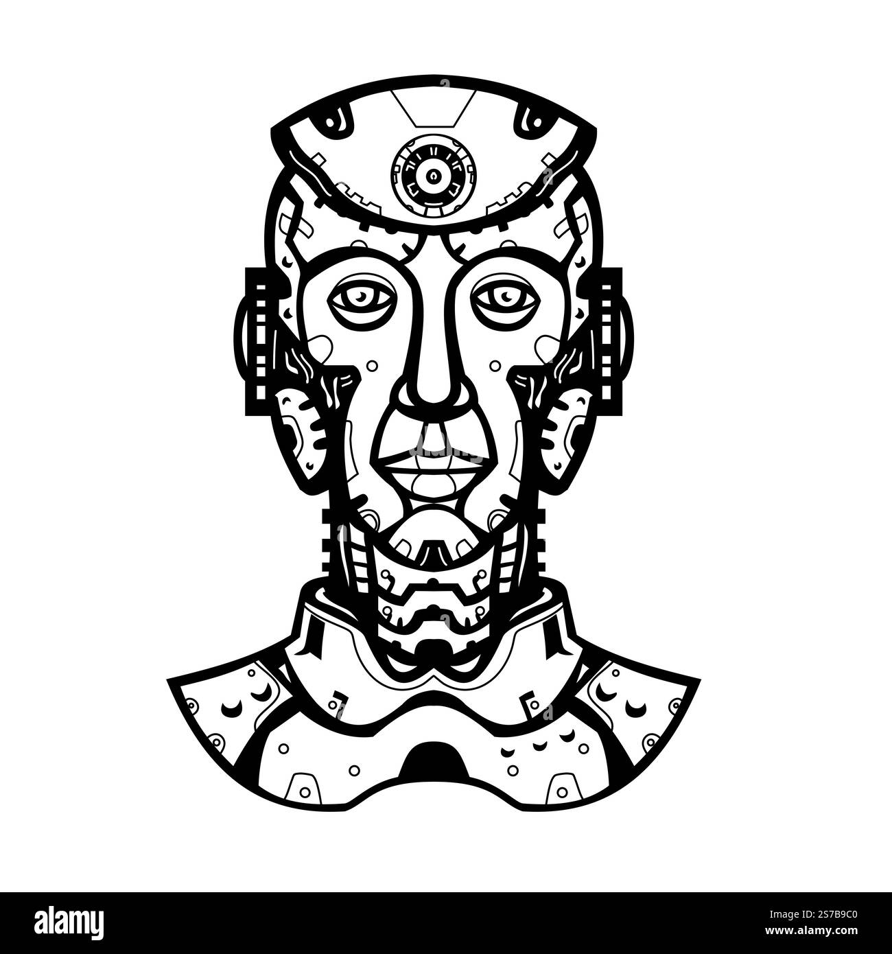 Immagine mascotte della testa di un cyborg robot umanoide femminile visto dalla parte anteriore su sfondo isolato in stile retrò bianco e nero. Illustrazione Vettoriale