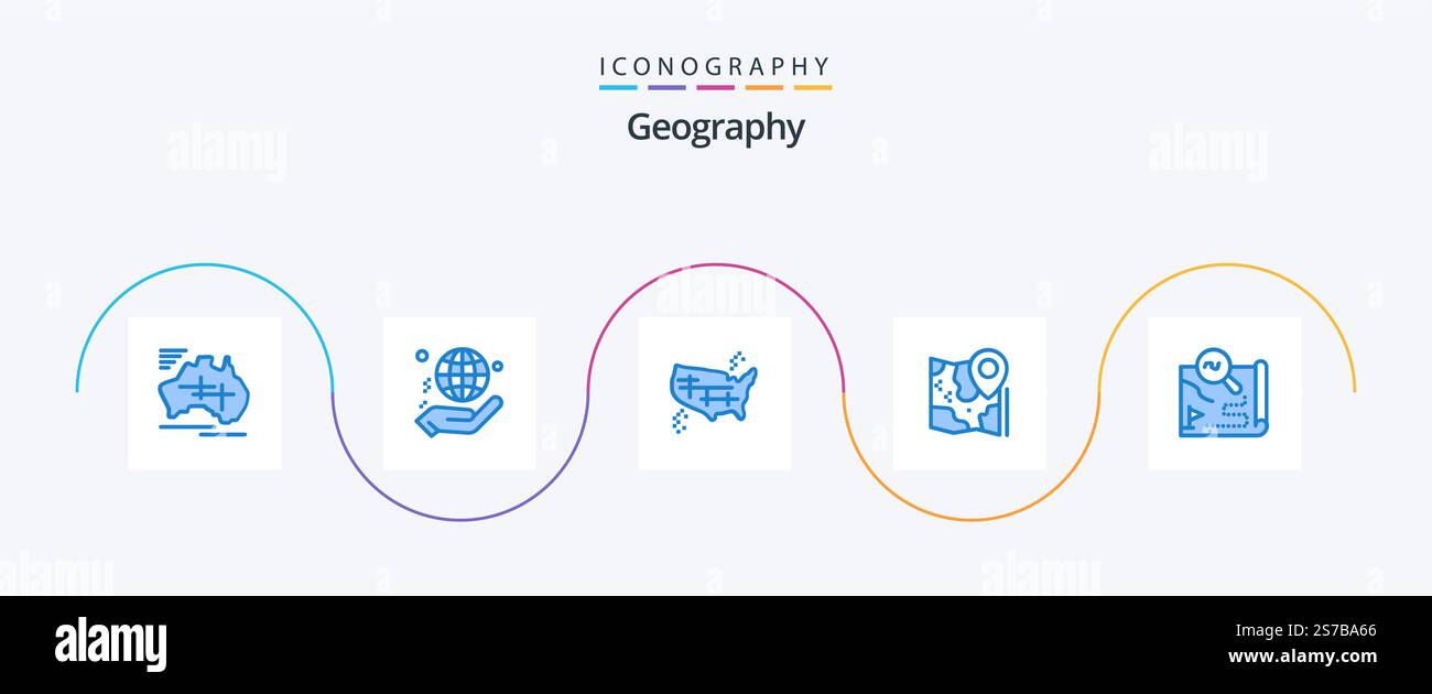 Geo graphy Blue 5 Icon Pack inclusa la posizione. mappa. mondo. america. uniti Illustrazione Vettoriale