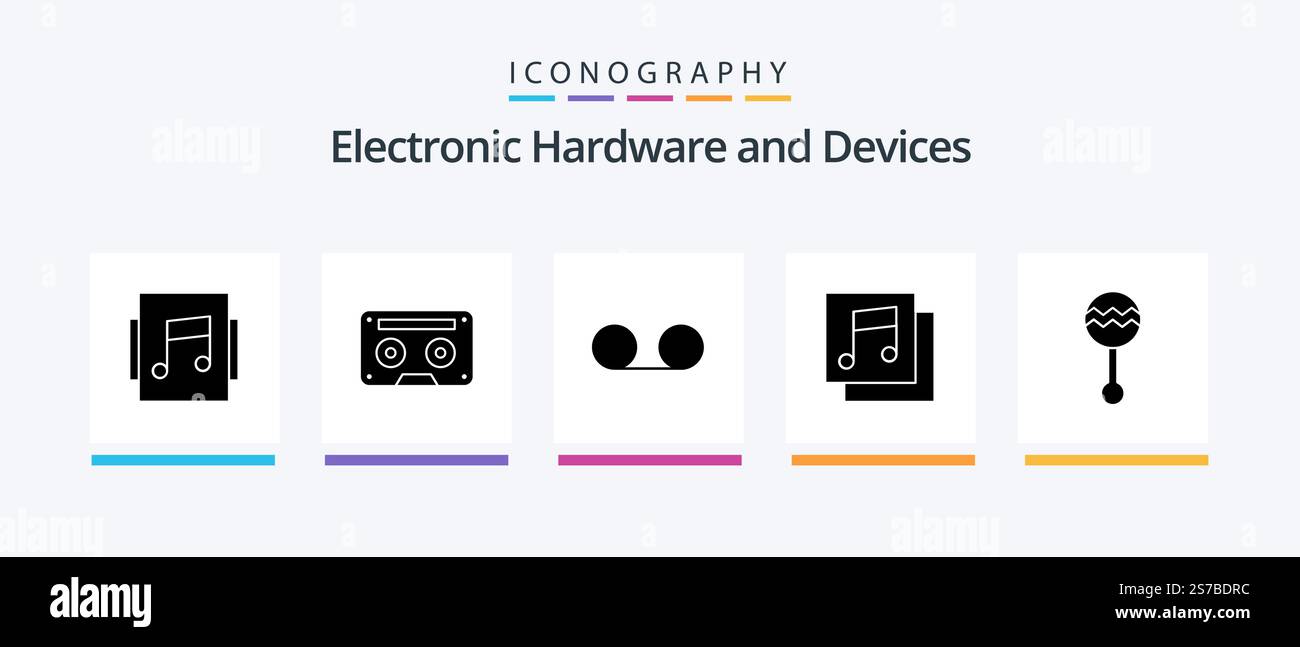 Dispositivi Glyph 5 Icon Pack, musica inclusa. strumento. posta. audio. media. Icone creative Design Illustrazione Vettoriale