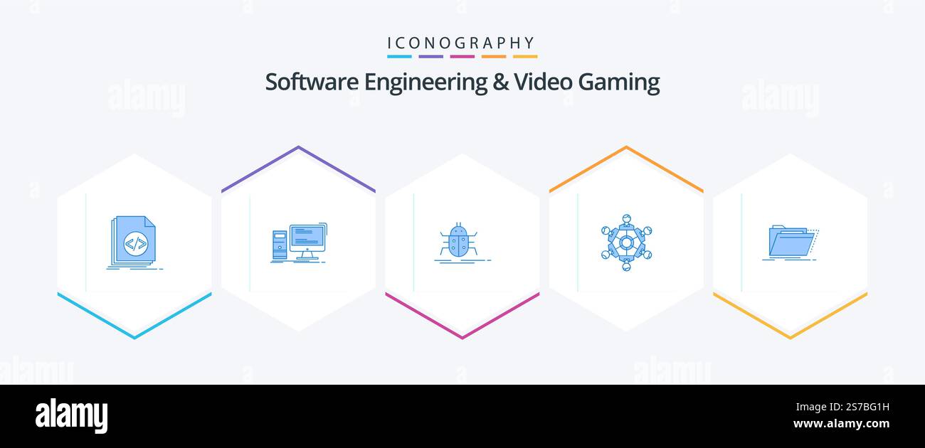Software Engineering and Video Gaming 25 pacchetto icona blu con gioco incluso. cooperazione. pc. virus. insetto Illustrazione Vettoriale