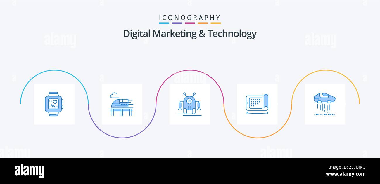 Digital Marketing and Technology Blue 5 Icon Pack, auto inclusa. hovercar. robotica. felexibel. display Illustrazione Vettoriale