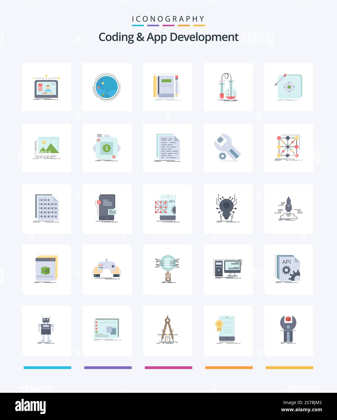 Creative Coding e App Development 25 pacchetto icone piatto come fiasche. test. internet. schizzo. blocco note Illustrazione Vettoriale