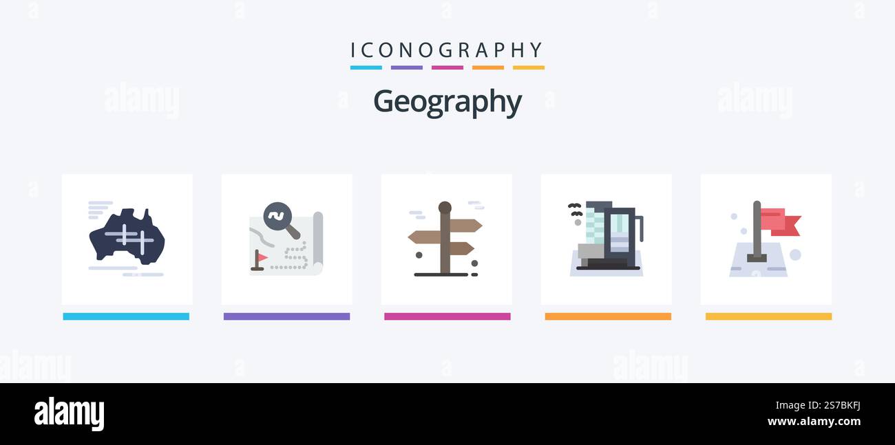 Geo graphy Flat 5 Icon Pack inclusa la città. albergo. mappa. viaggio. viaggi. Icone creative Design Illustrazione Vettoriale