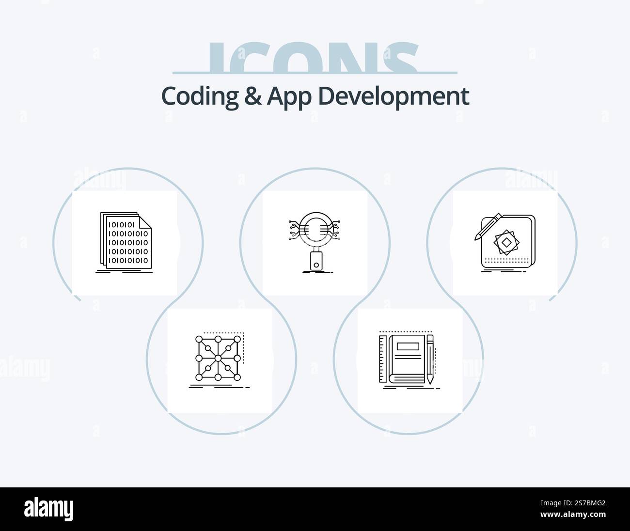 Progettazione icone pacchetto icone 5 linea di sviluppo di applicazioni e codifica. fiasca. test. layout. programma. operativo Illustrazione Vettoriale
