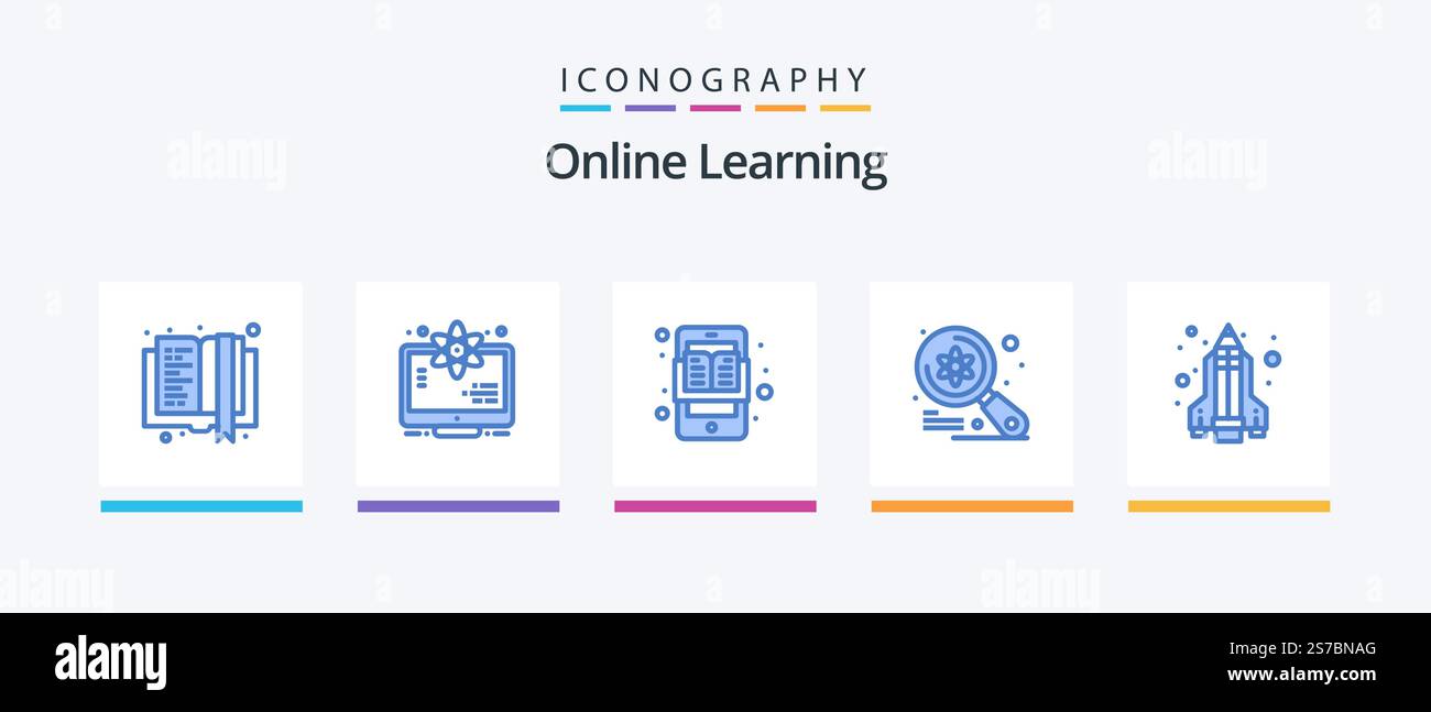 Pacchetto icone Online Learning Blue 5 con razzo a matita. scienza. istruzione. imac. computer. Icone creative Design Illustrazione Vettoriale