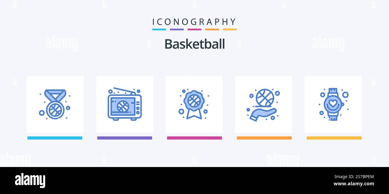 Basketball Blue 5 Icon Pack, mano inclusa. sport. badge di riconoscimento. rotazione. fitness. Icone creative Design Illustrazione Vettoriale
