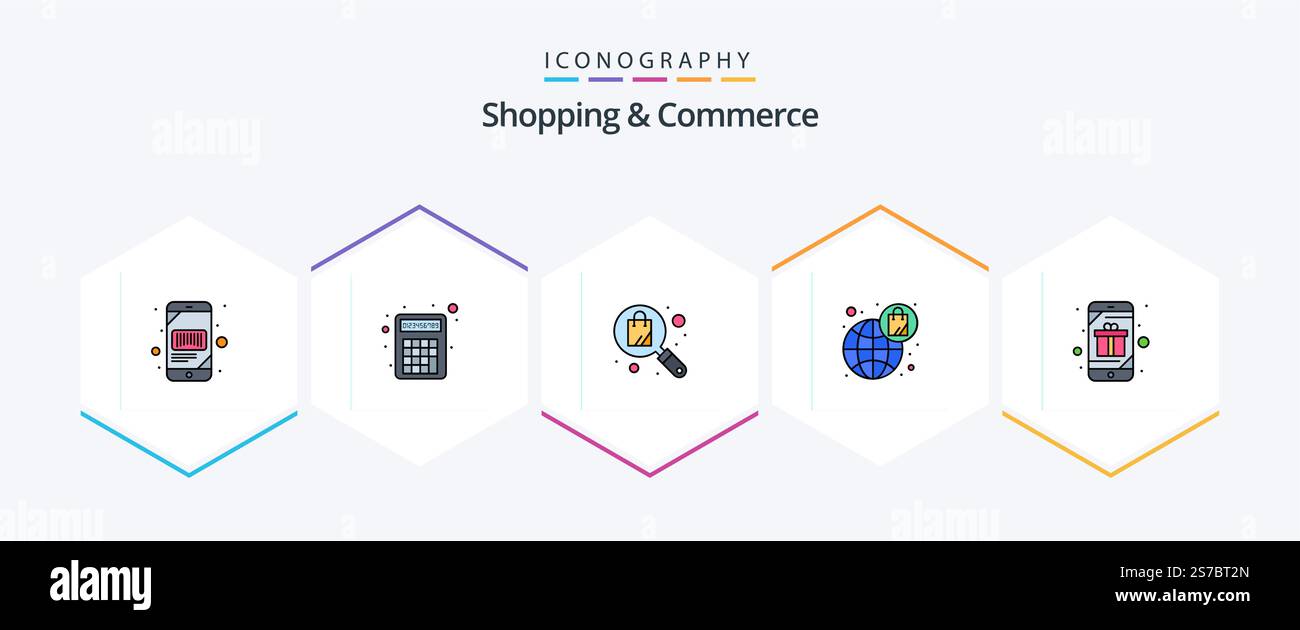 Shopping e Commercio 25 pacchetto icone FilledLine incluso regalo. borsa. numero cruncher. shopping. e-commerce Illustrazione Vettoriale