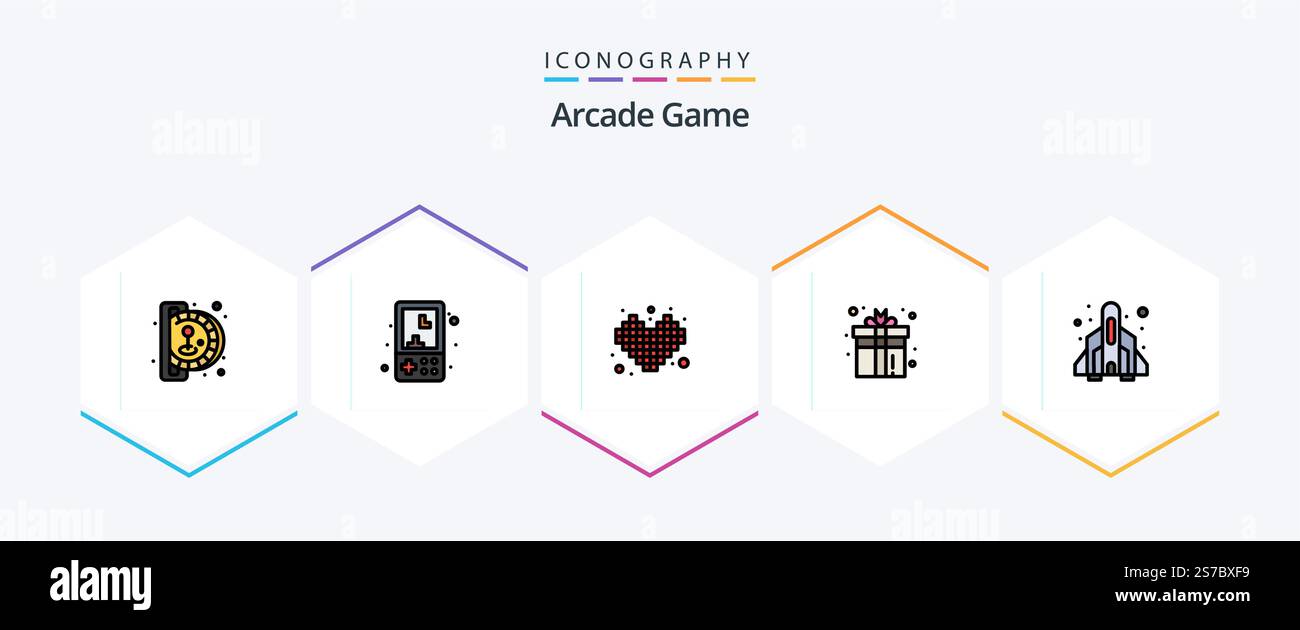 Pacchetto icone Arcade 25 FilledLine con gioco incluso. divertimento. gioca. casella. tetris Illustrazione Vettoriale