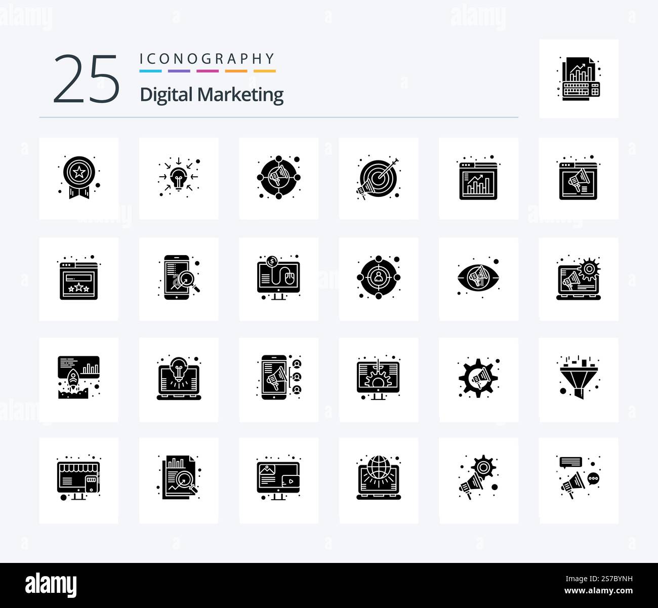 Pacchetto icone Digital Marketing 25 Solid Glyph con barra. marketing. cerchio. messa a fuoco. obiettivo Illustrazione Vettoriale