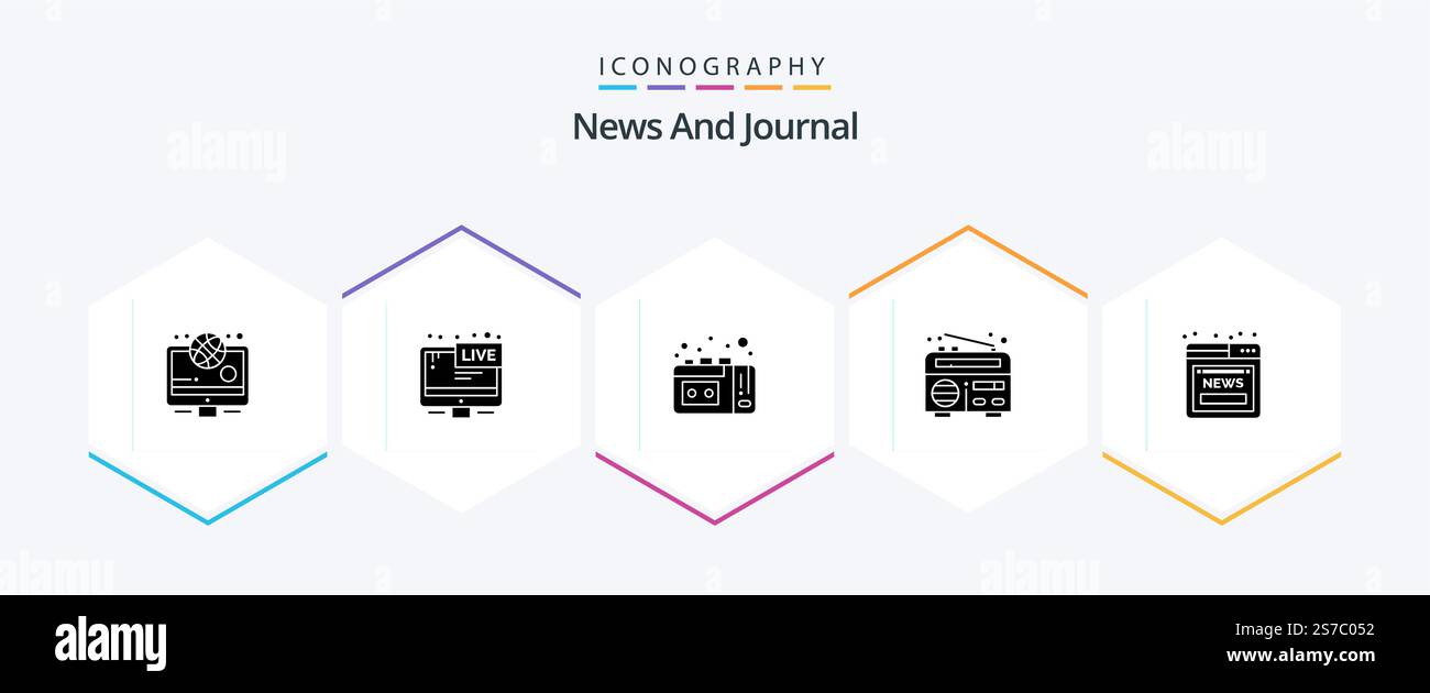 News 25 Glyph pacchetto icone incluso il web. notizie. registrazione su nastro. articolo. notizie Illustrazione Vettoriale