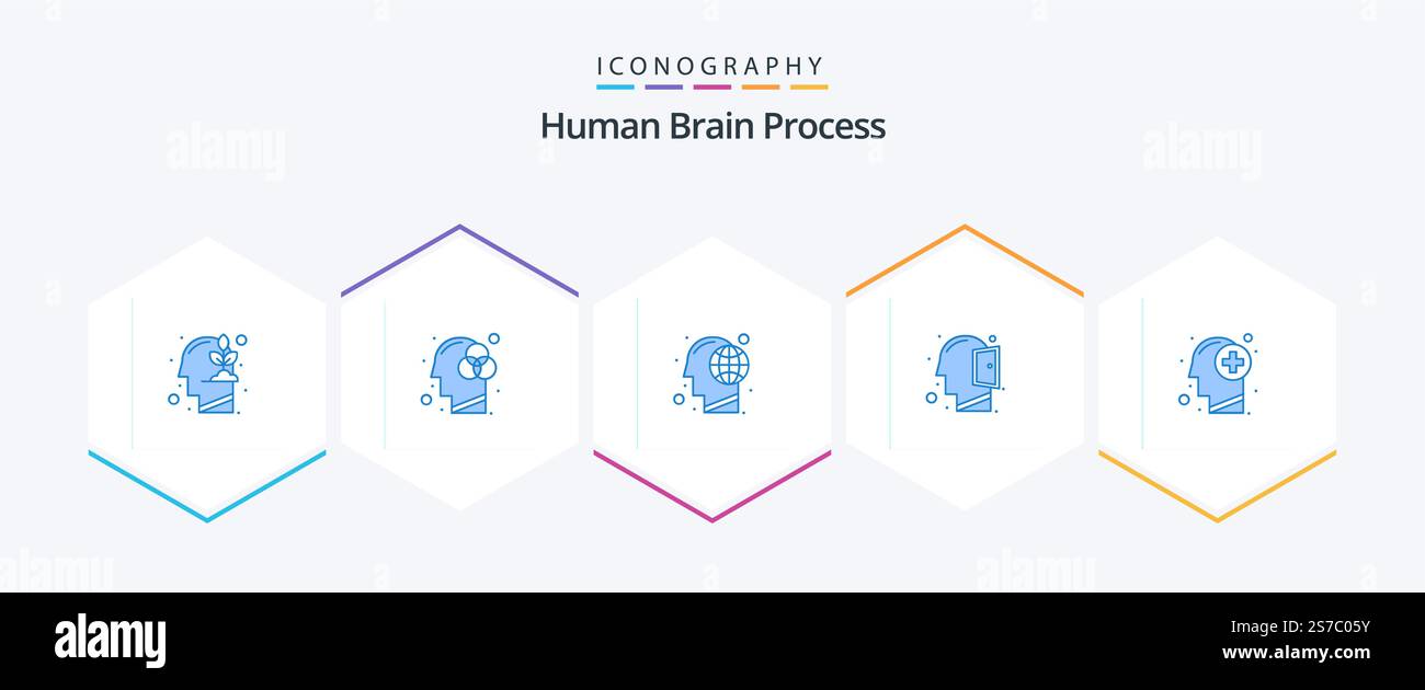 Human Brain Process 25 pacchetto di icone blu con testa inclusa. mente aperta. messa a terra. mente. mente Illustrazione Vettoriale
