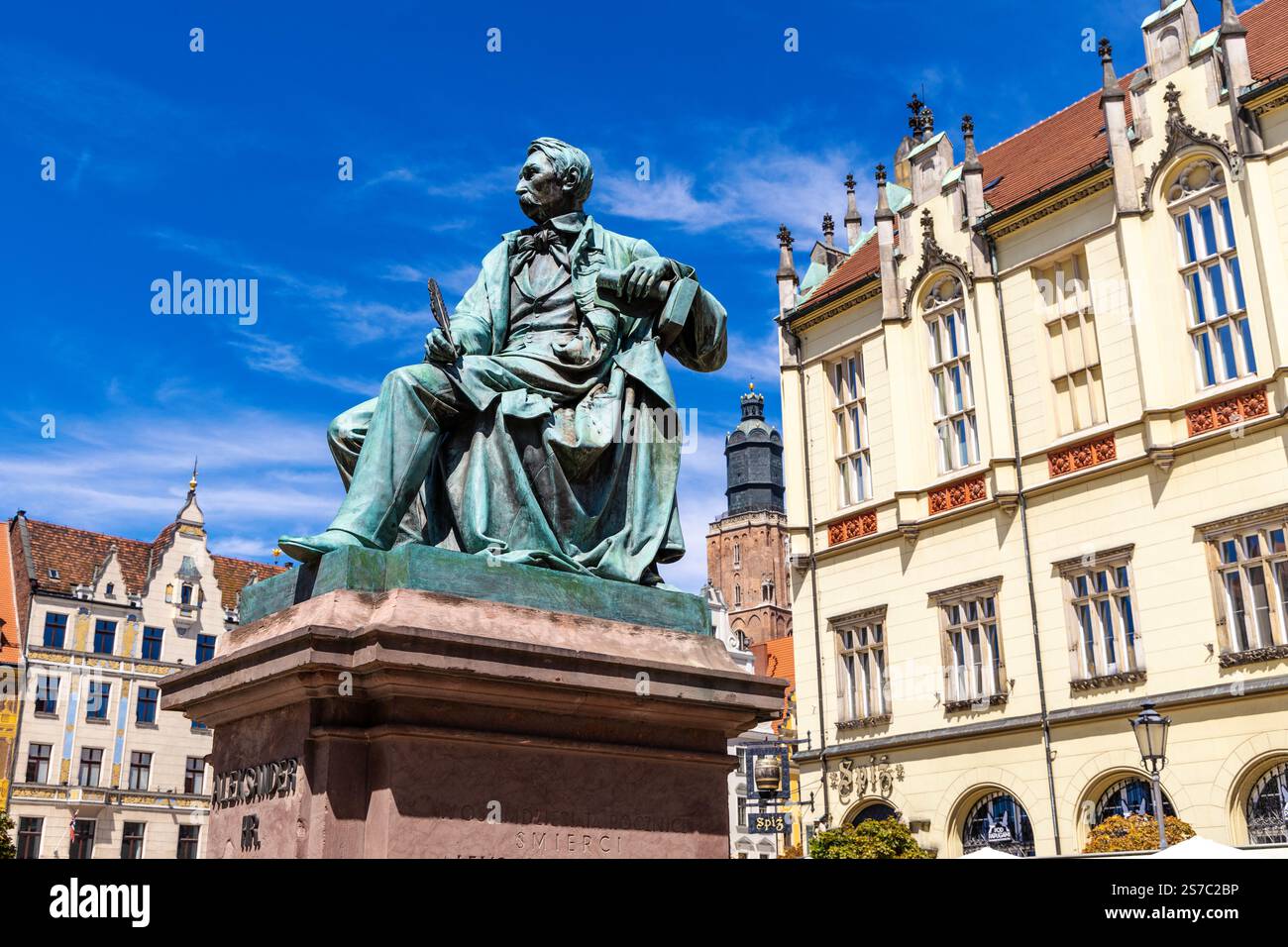 Monumento del poeta e scrittore polacco Alexander Fredro di Leonard Marconi, Piazza del mercato, città vecchia, Breslavia, Slesia, Polonia Foto Stock