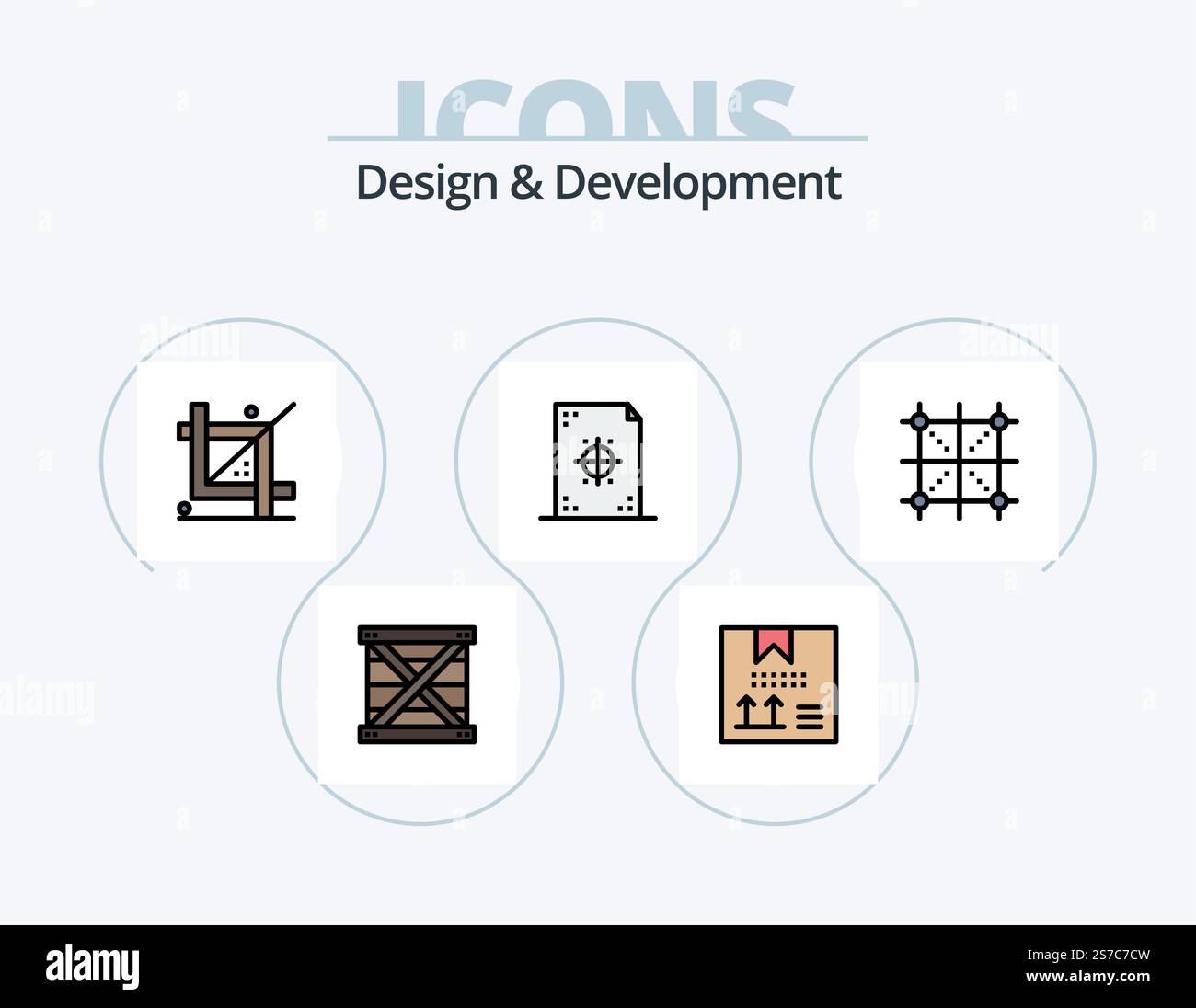 Design e sviluppo linea riempito icone Pack 5 icona Design. design. codifica. idee. programmazione. design Illustrazione Vettoriale