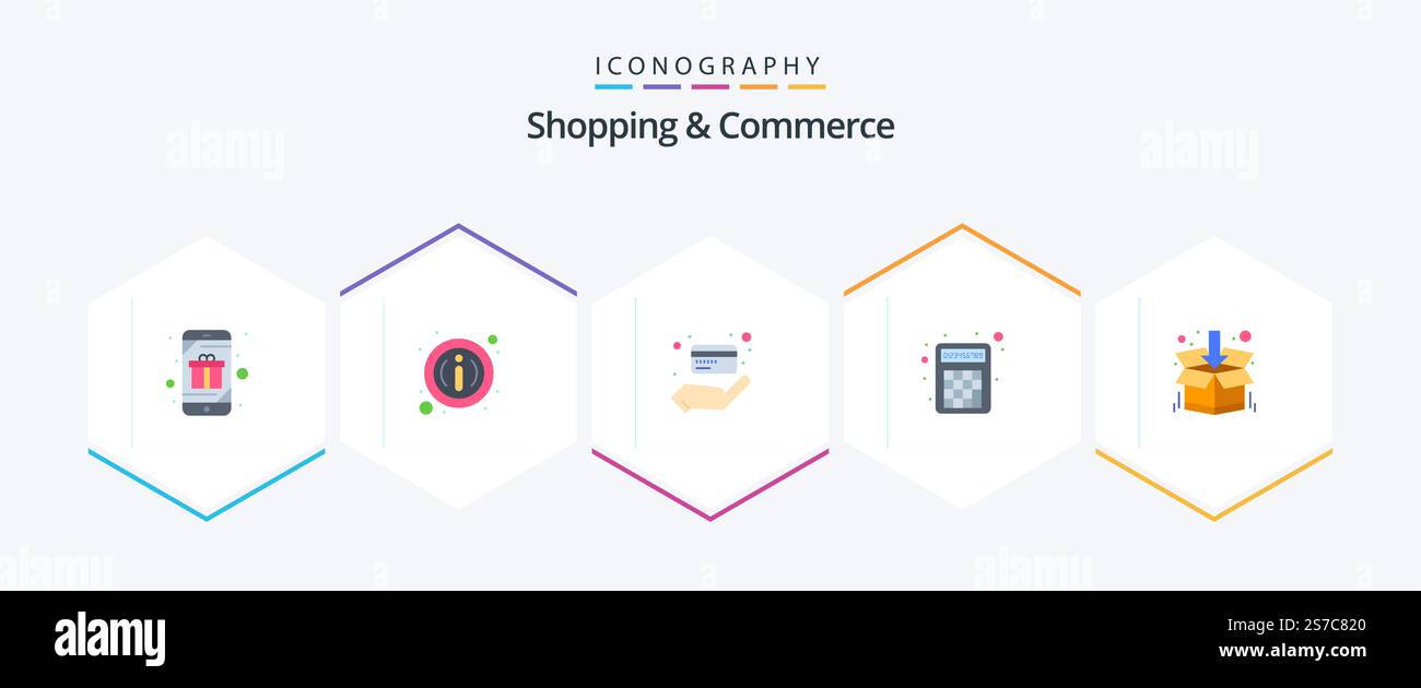 Shopping e Commercio 25 pacchetto icona piatta inclusa scatola. matematica. pulsante info. calcolatrice. carta di credito Illustrazione Vettoriale