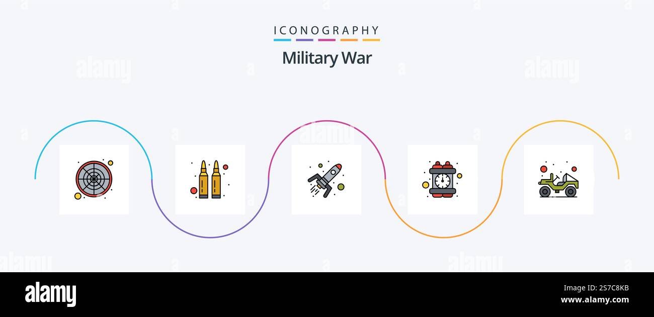 Military War Line Comfiled Flat 5 Icon Pack incluso militare. atomico. bomba a orologeria. crimine Illustrazione Vettoriale