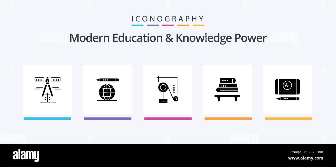 Modern Education and Knowledge Power Glyph 5 Icon Pack che include l'istruzione. migliore qualità. fisica. libri. conoscenza. Icone creative Design Illustrazione Vettoriale
