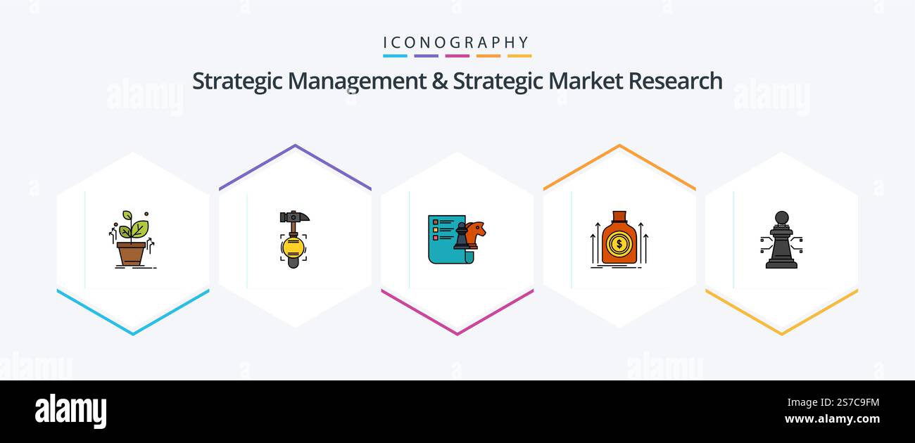 Strategic Management and Strategic Market Research 25 pacchetto icone FilledLine con scacchi. fondo. scacchi. dollaro. borsa Illustrazione Vettoriale